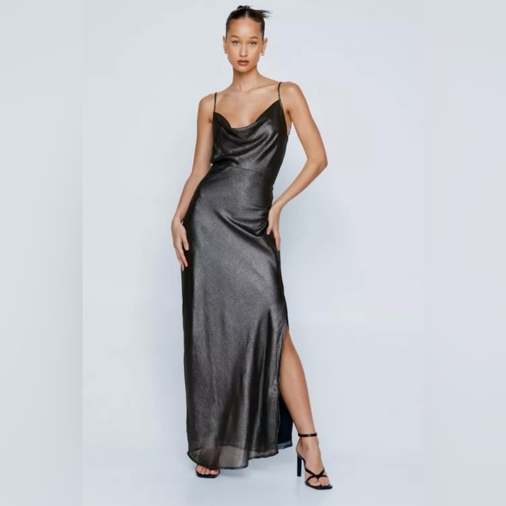 Silver Gunmetal Metallic Maxi Dress - Size 18 - Nasty Gal- Never Worn, Open Back